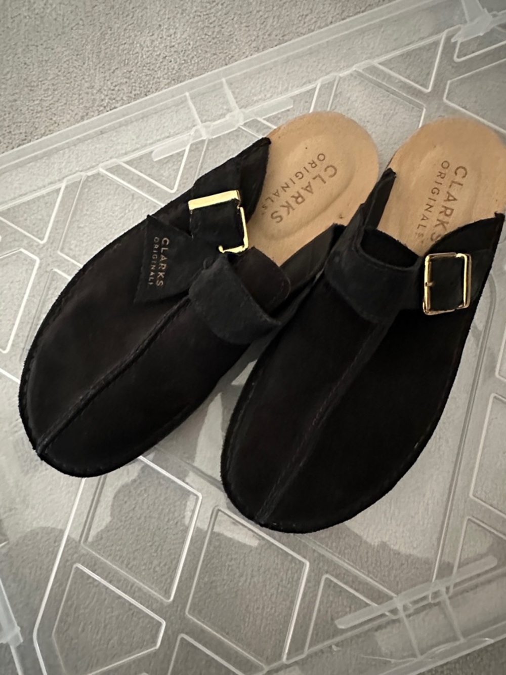 Men’s Clarks Black Suede Slip-On Loafers with Gold Buckle